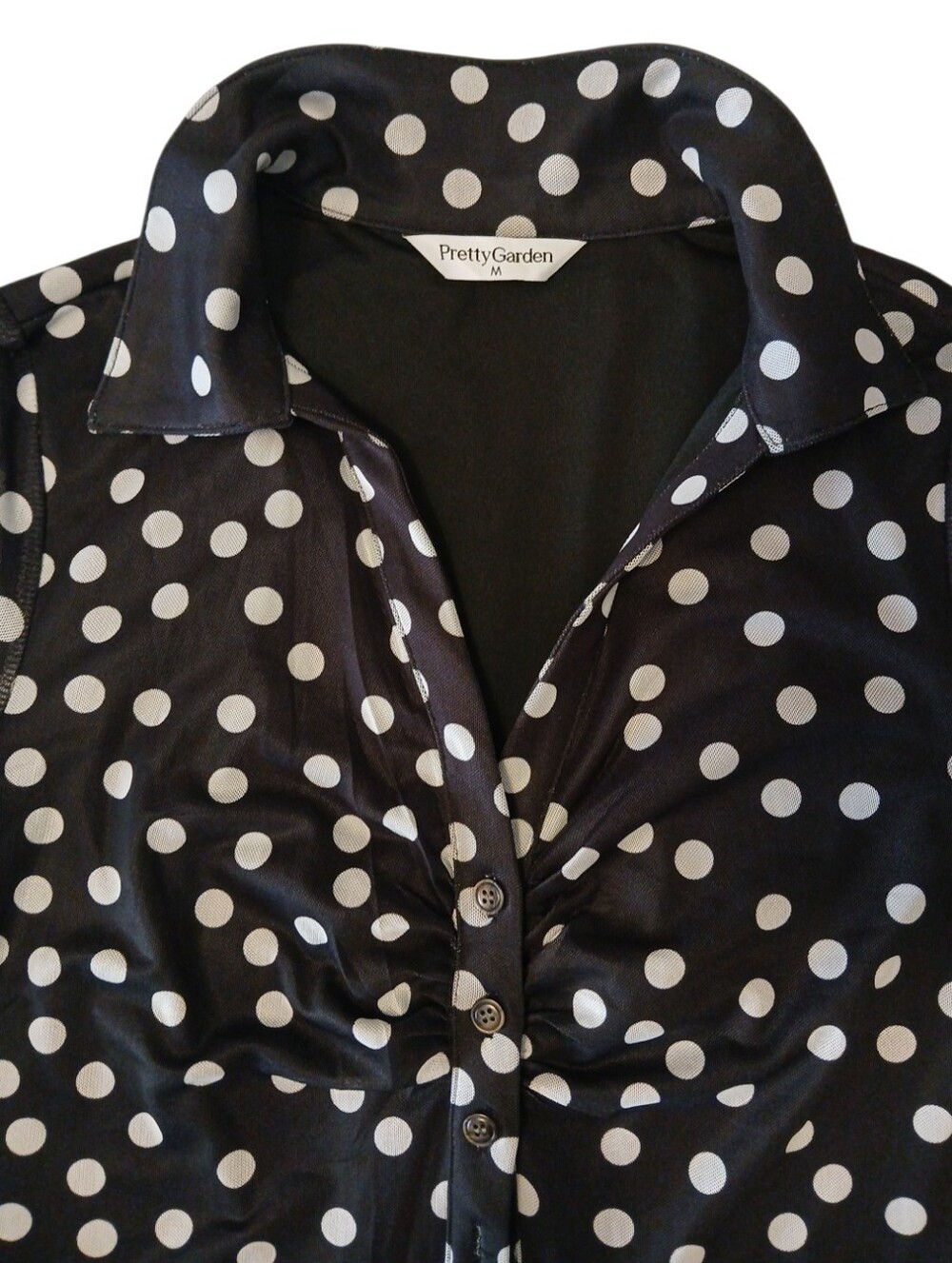 PrettyGarden Black Polka Dot Button-Up Sheer Sleeve Blouse Medium